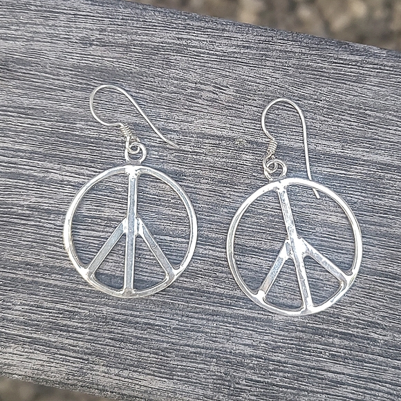 Silver Peace Sign Dangle Earrings - Picture 1 of 4